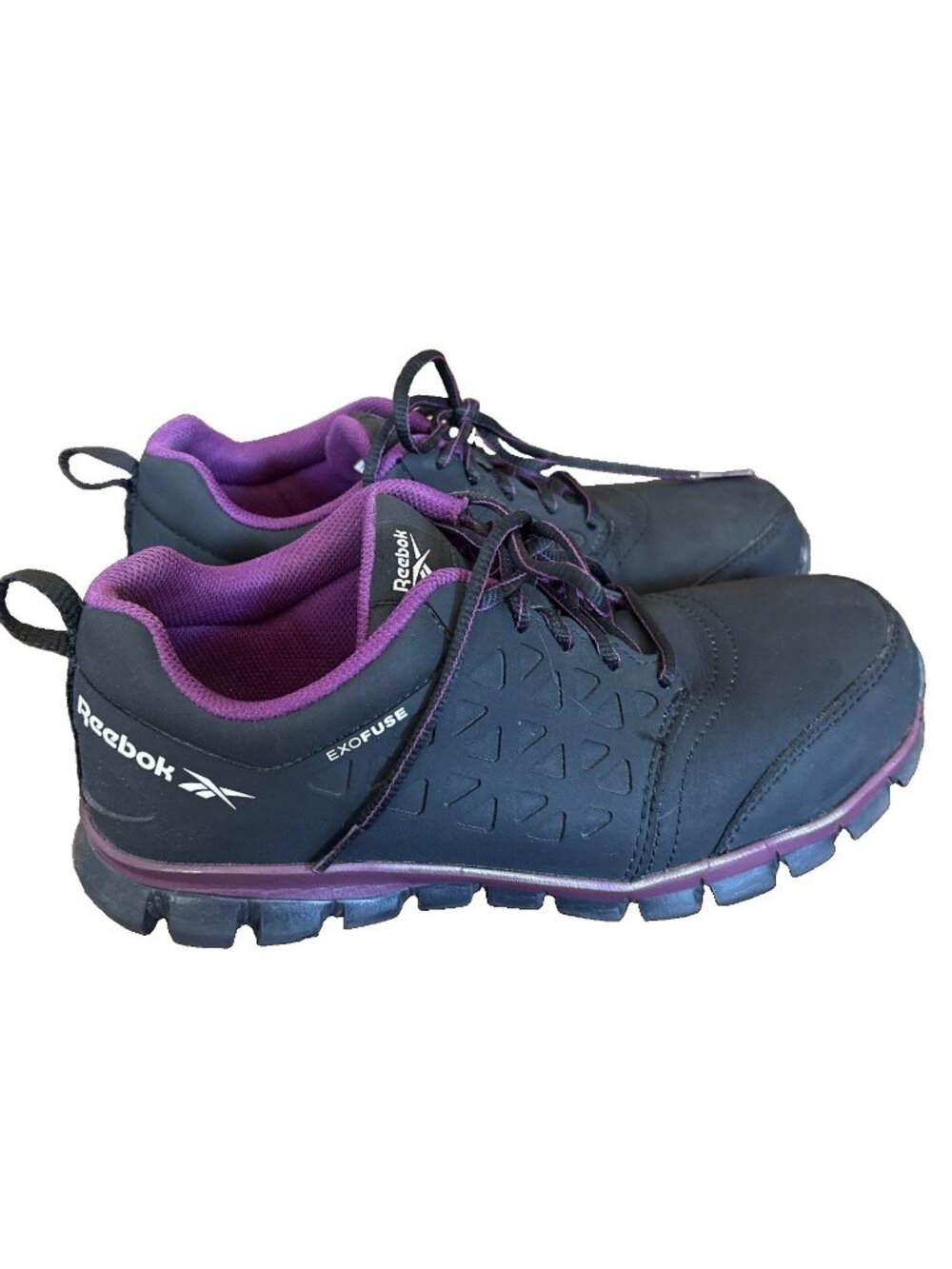 Size  8M- Reebok Exofuse Sublite Composite Toe Shoes Black & Purple-Few Scuffs